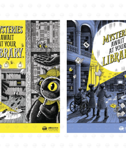 Left flyer: "Mysteries Await at Your Library" poster with a detective cat holding a magnifying glass in a shadowy library full of bookshelves, footprints, and a masked mouse with a key. Right flyer: "Mysteries Await at Your Library" poster with three kids, one using a wheelchair, exploring a dark library with a flashlight beam and scattered books and papers.