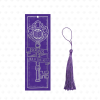 Purple foil bookmark reading "Books Hold the Key" with a silver ornate key and open-book design, shown with a matching purple tassel