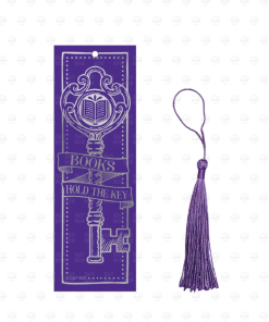 Purple foil bookmark reading "Books Hold the Key" with a silver ornate key and open-book design, shown with a matching purple tassel