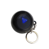 Black spherical fortune teller keychain with a glossy finish and silver metal chain and key ring. A circular window on the front displays a blue triangle with the message “GO FOR IT” in white lettering.