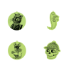 alt text for glow charms Set of four light green glow-in-the-dark charms featuring Laurie Conley’s black-and-white illustrations: Inspector Whiskers holding a magnifying glass, a friendly ghost carrying books, a mouse holding a skeleton key, and a skull wearing a detective hat. Each charm has a small loop at the top for attaching.