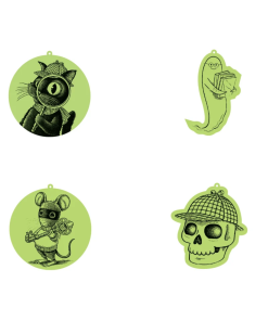 alt text for glow charms Set of four light green glow-in-the-dark charms featuring Laurie Conley’s black-and-white illustrations: Inspector Whiskers holding a magnifying glass, a friendly ghost carrying books, a mouse holding a skeleton key, and a skull wearing a detective hat. Each charm has a small loop at the top for attaching.