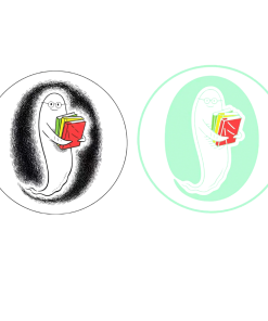 Circular glow-in-the-dark patch featuring Laurie Conley’s friendly ghost wearing glasses and holding colorful books. Shown in normal lighting with black-and-white artwork and glowing mint green in the dark.