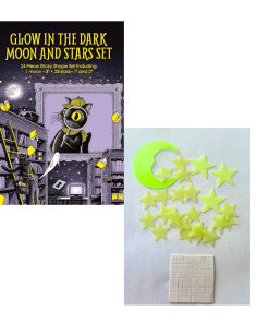 Glow-in-the-dark moon and stars set featuring 24 pale green plastic shapes: one 3-inch crescent moon and 23 stars in 1-inch and 2-inch sizes. Shown alongside adhesive mounting squares and decorative packaging featuring Inspector Whiskers with a magnifying glass in a mysterious library illustrated in purple, black, and yellow.