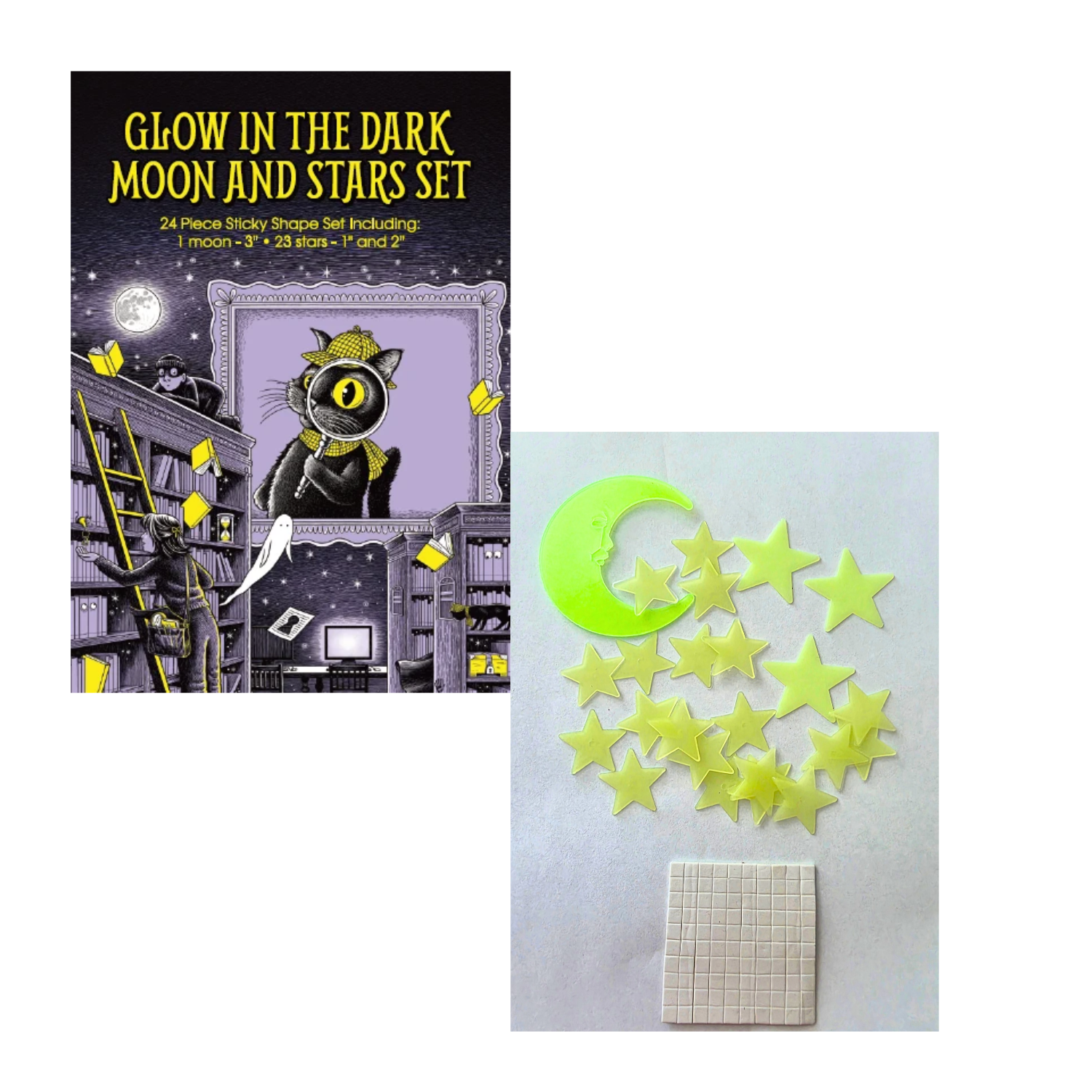 Glow-in-the-dark moon and stars set featuring 24 pale green plastic shapes: one 3-inch crescent moon and 23 stars in 1-inch and 2-inch sizes. Shown alongside adhesive mounting squares and decorative packaging featuring Inspector Whiskers with a magnifying glass in a mysterious library illustrated in purple, black, and yellow.