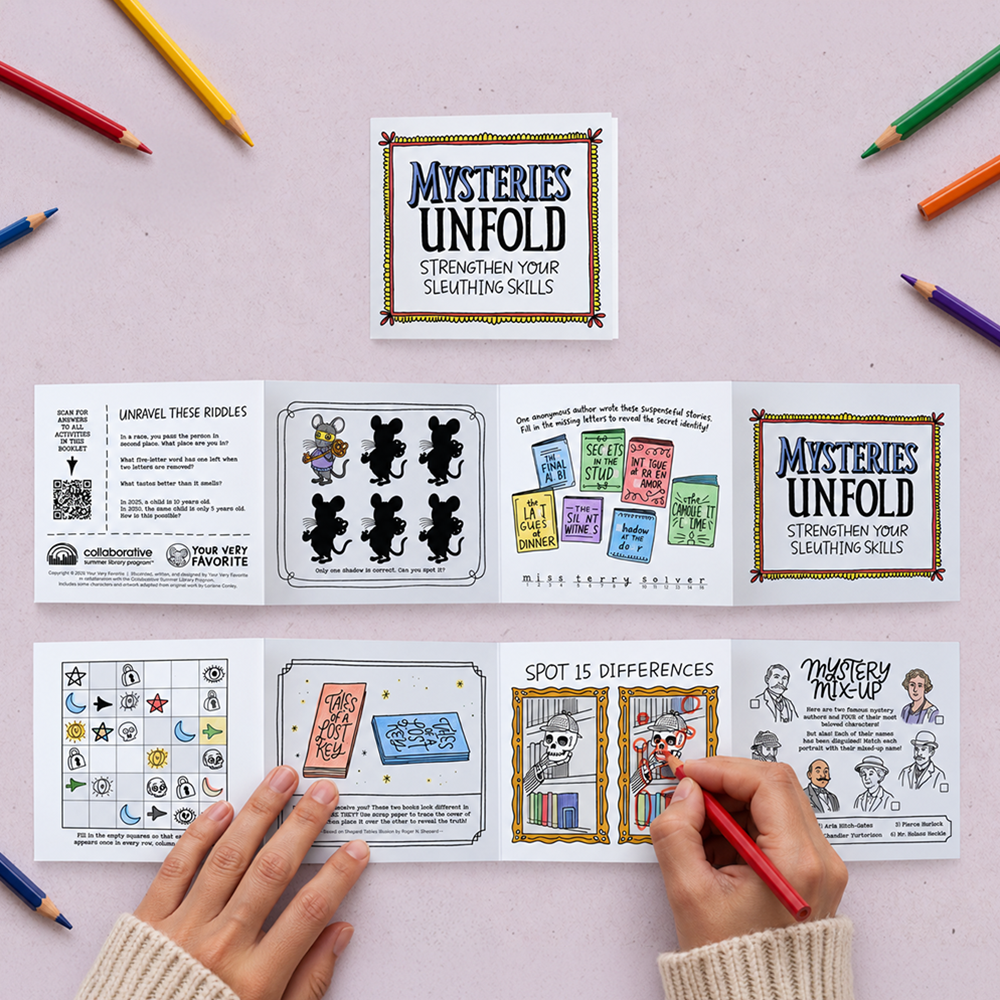 Overhead view of the 2027 “Mysteries Unfold: Strengthen Your Sleuthing Skills” accordion-style activity booklet, shown folded and fully extended on a pale lavender surface. The black-and-white puzzle pages feature riddles, a mouse shadow-matching challenge, a secret book-title puzzle, symbol grid, spot-the-differences activity, and mystery character matching game. Hands use a red colored pencil to complete a puzzle, while colorful pencils surround the booklet.
