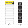 Mysteries Await at Your Library height chart and six detective-themed signs. The chart features Inspector Whiskers on a bright yellow header with height markings from 2 to 6 feet, resembling a police lineup backdrop. Six black signs with white lettering read: “Mystery Reader,” “Official Clue Assistant,” “Under Investigation,” “I’m Basically a Detective,” “Whiskers Was Here,” and “Curiosity Cracked the Case.”