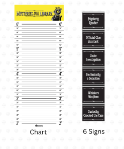 Mysteries Await at Your Library height chart and six detective-themed signs. The chart features Inspector Whiskers on a bright yellow header with height markings from 2 to 6 feet, resembling a police lineup backdrop. Six black signs with white lettering read: “Mystery Reader,” “Official Clue Assistant,” “Under Investigation,” “I’m Basically a Detective,” “Whiskers Was Here,” and “Curiosity Cracked the Case.”
