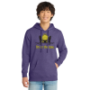 Model wearing a heather purple pullover hoodie featuring Inspector Whiskers, a black cat detective peeking over a line in a yellow plaid deerstalker hat, with the phrase “I’m on the Case” printed below. Hoodie includes a drawstring hood and front kangaroo pocket.