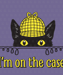 Close-up illustration of Inspector Whiskers, a black cat with bright yellow eyes wearing a yellow plaid detective hat, peeking over a decorative black line. The phrase “I’m on the case.” appears below in bold yellow lettering against a purple background.