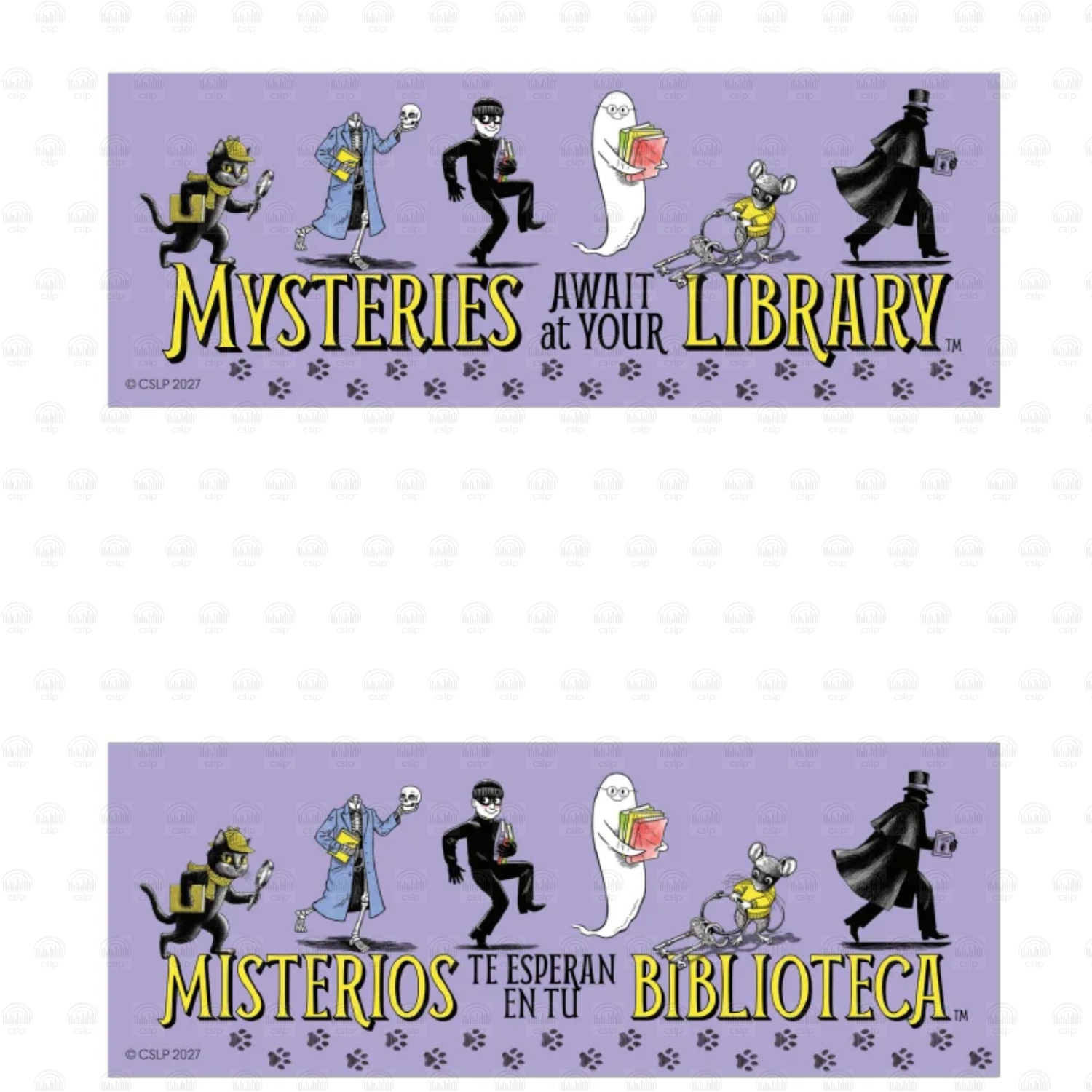 "Mysteries Await at Your Library" bookmark, English on the front and Spanish "Misterios Te Esperan En Tu Biblioteca" on the back, with a row of characters: a detective cat, skeleton, burglar, ghost, mouse, and top-hatted man