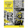 Black, white, and yellow Spanish poster with text reading "Misterios Te Esperan En Tu Biblioteca" featuring a detective cat holding a magnifying glass and a mouse with a key in a shadowy library