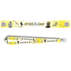 Yellow Mysteries Await at Your Library lanyard featuring Laurie Conley’s illustrated mystery characters, including Inspector Whiskers, ghosts, a skeleton, and a mouse holding keys. Repeating black-and-yellow artwork includes footprints and the official slogan. Shown with a silver metal swivel clasp and a close-up of the printed design.