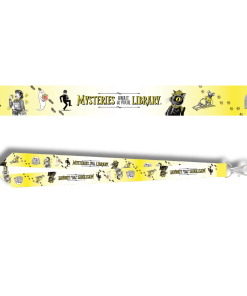 Yellow Mysteries Await at Your Library lanyard featuring Laurie Conley’s illustrated mystery characters, including Inspector Whiskers, ghosts, a skeleton, and a mouse holding keys. Repeating black-and-yellow artwork includes footprints and the official slogan. Shown with a silver metal swivel clasp and a close-up of the printed design.