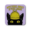 Square purple lapel pin featuring black cat mascot Inspector Whiskers peeking out beneath a yellow detective cap, with “Mysteries Await at Your Library” above him.