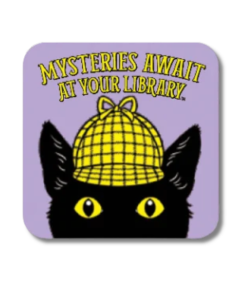 Square purple lapel pin featuring black cat mascot Inspector Whiskers peeking out beneath a yellow detective cap, with “Mysteries Await at Your Library” above him.