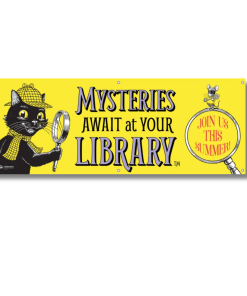 Large banner for libraries to hang to advertise mysteries await at your library. features a black detective cat named inspector whiskers.
