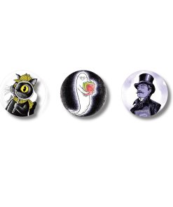 Three circular lenticular stickers featuring Laurie Conley's Mysteries Await characters: Inspector Whiskers, a black cat detective holding a magnifying glass; a friendly white ghost wearing glasses and holding colorful books; and a mysterious mustached gentleman wearing a black top hat and holding a book.