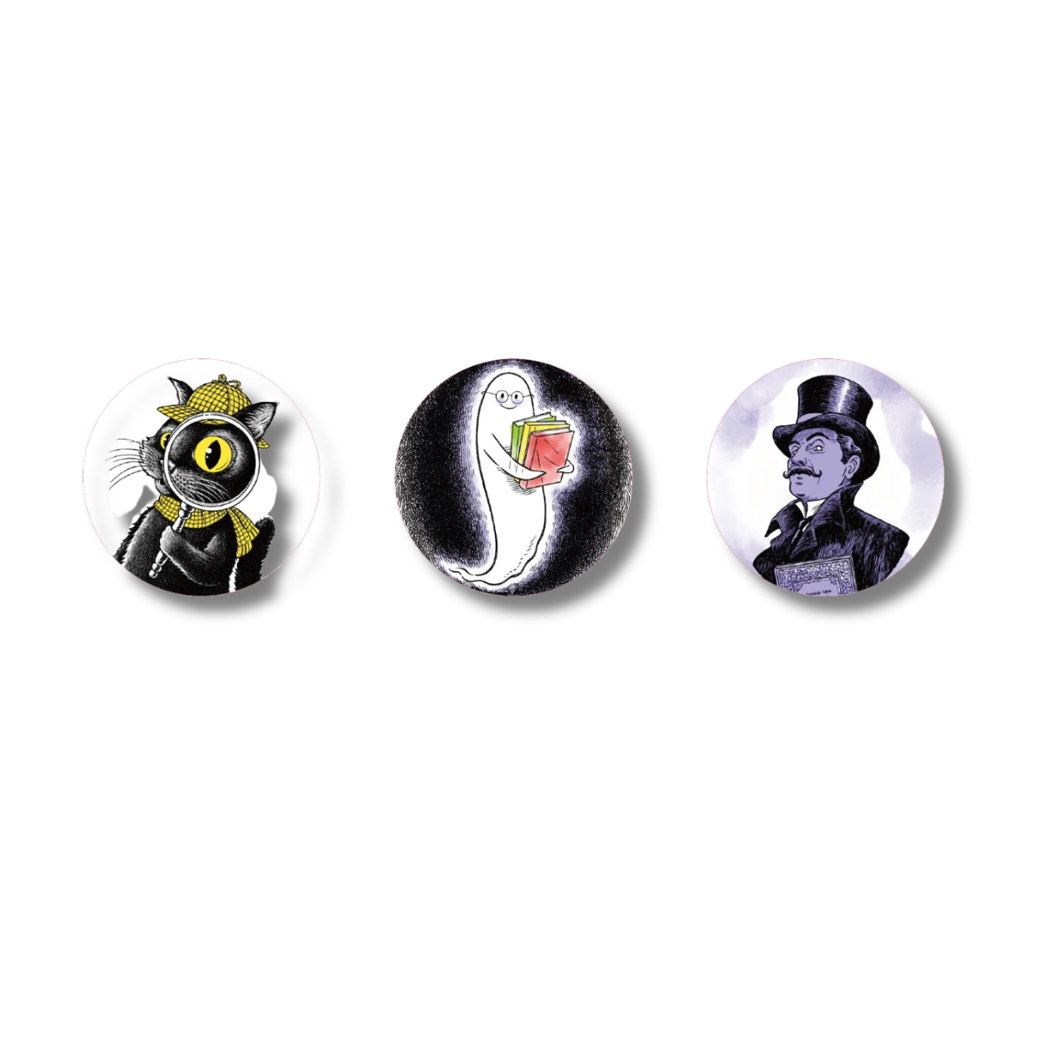 Three circular lenticular stickers featuring Laurie Conley's Mysteries Await characters: Inspector Whiskers, a black cat detective holding a magnifying glass; a friendly white ghost wearing glasses and holding colorful books; and a mysterious mustached gentleman wearing a black top hat and holding a book.