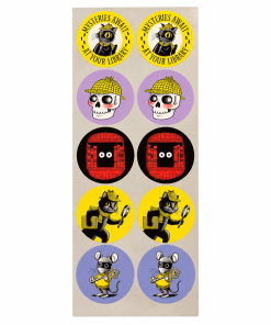 Sheet of 10 round Mysteries Await stickers featuring five designs: Inspector Whiskers with a magnifying glass, a detective skull, mysterious eyes in a red doorway, Nibbleton Finch holding a key, and a Mysteries Await at Your Library Inspector Whiskers design.