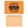 Orange plastic library card holder featuring black “Mysteries Await at Your Library” artwork with a public library surrounded by friendly ghosts.
