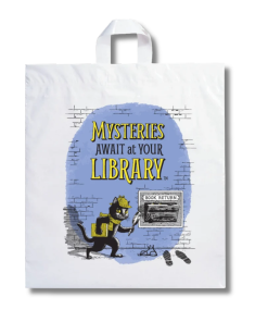 Image of a plastic bag with 2027 book drop poster artwork on it.