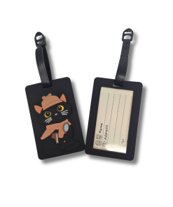 Black Inspector Whiskers luggage tag shown from the front and back. The front features a colorful raised design of the black cat detective wearing a brown hat and scarf and holding a magnifying glass. The reverse has a clear identification window with lines for name, address, and telephone number. Both sides feature an adjustable black attachment strap.