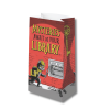 Mysteries Await at Your Library paper lunch bag featuring Laurie Conley’s Book Drop artwork. The red brick design shows Inspector Whiskers, a black cat wearing a yellow detective hat and scarf, carrying a book and magnifying glass while investigating a mysterious book return. A large ornate skeleton key decorates the side, with footprints and a pair of glasses near the bottom. The official 2027 summer reading slogan appears prominently on the front.