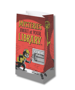 Mysteries Await at Your Library paper lunch bag featuring Laurie Conley’s Book Drop artwork. The red brick design shows Inspector Whiskers, a black cat wearing a yellow detective hat and scarf, carrying a book and magnifying glass while investigating a mysterious book return. A large ornate skeleton key decorates the side, with footprints and a pair of glasses near the bottom. The official 2027 summer reading slogan appears prominently on the front.