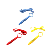 Three magnifying glass pens in blue, red, and yellow, each featuring a circular magnifying lens at the top, a matching detachable neck cord, and the “Mysteries Await at Your Library” slogan printed in black on the barrel. Shown against a white background.