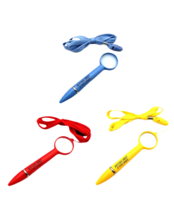Three magnifying glass pens in blue, red, and yellow, each featuring a circular magnifying lens at the top, a matching detachable neck cord, and the “Mysteries Await at Your Library” slogan printed in black on the barrel. Shown against a white background.