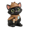 Inspector Whiskers squishy toy featuring a black cat detective with large yellow eyes, a brown detective hat and scarf, and a magnifying glass. The three-dimensional character has a rounded shape and is shown against a white background.