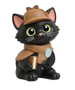 Inspector Whiskers squishy toy featuring a black cat detective with large yellow eyes, a brown detective hat and scarf, and a magnifying glass. The three-dimensional character has a rounded shape and is shown against a white background.