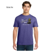 Model wearing a heathered purple unisex crewneck T-shirt featuring Laurie Conley’s Inspector Whiskers detective cat holding a magnifying glass beside the phrase “The Librarian Did It!” with “Mysteries Await at Your Library” printed underneath. Short-sleeved shirt shown with blue jeans against a white background.