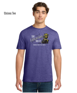 Model wearing a heathered purple unisex crewneck T-shirt featuring Laurie Conley’s Inspector Whiskers detective cat holding a magnifying glass beside the phrase “The Librarian Did It!” with “Mysteries Await at Your Library” printed underneath. Short-sleeved shirt shown with blue jeans against a white background.
