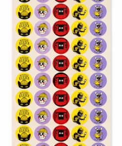 Sheet of 50 circular mini stickers arranged in 10 rows of five designs featuring Laurie Conley’s Mysteries Await artwork. Designs include Inspector Whiskers, a detective skull, a mysterious book drop, a black cat with a magnifying glass, and a mouse detective. Stickers feature bright yellow, purple, and red backgrounds.