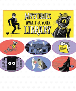 Mysteries Await at Your Library hanging mobile featuring Laurie Conley’s mystery-themed illustrations. A bright yellow title banner displays Inspector Whiskers and a sneaky book thief. Six colorful oval decorations feature Nibbleton Finch with skeleton keys, a haunted library, a top-secret file, mysterious eyes peeking from a bookcase, a book-loving ghost beside a pyramid, and a shadowy Silas Blackveil character all in black.