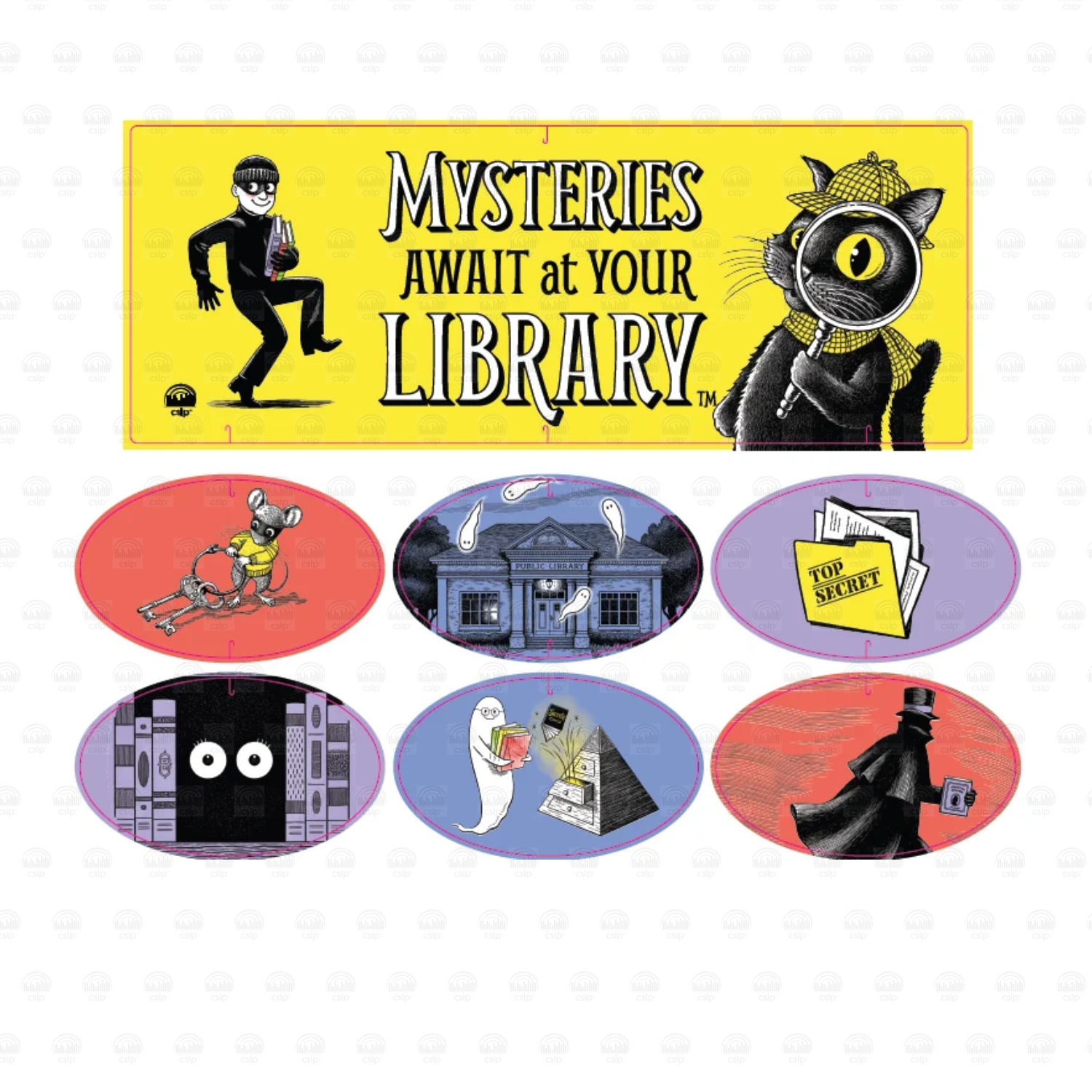 Mysteries Await at Your Library hanging mobile featuring Laurie Conley’s mystery-themed illustrations. A bright yellow title banner displays Inspector Whiskers and a sneaky book thief. Six colorful oval decorations feature Nibbleton Finch with skeleton keys, a haunted library, a top-secret file, mysterious eyes peeking from a bookcase, a book-loving ghost beside a pyramid, and a shadowy Silas Blackveil character all in black.