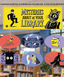 Product rendering of the Mysteries Await at Your Library hanging mobile suspended from the ceiling in a children's library. A bright yellow rectangular banner featuring Inspector Whiskers and a masked book thief hangs above six colorful oval decorations depicting Nibbleton Finch with skeleton keys, a haunted library, a top-secret file, mysterious eyes, a book-loving ghost, and a shadowy detective. Bookshelves and reading areas appear softly blurred in the background.