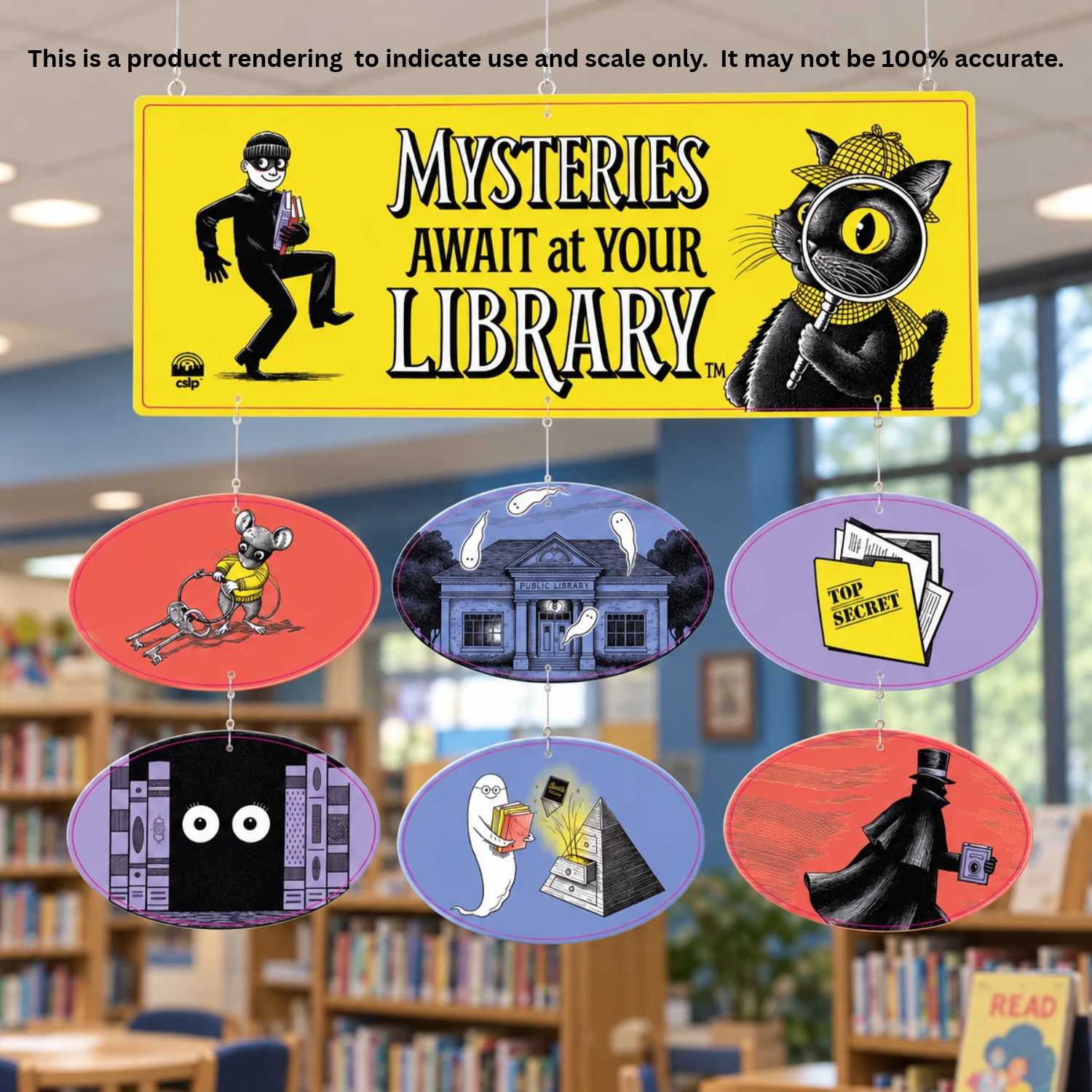 Product rendering of the Mysteries Await at Your Library hanging mobile suspended from the ceiling in a children's library. A bright yellow rectangular banner featuring Inspector Whiskers and a masked book thief hangs above six colorful oval decorations depicting Nibbleton Finch with skeleton keys, a haunted library, a top-secret file, mysterious eyes, a book-loving ghost, and a shadowy detective. Bookshelves and reading areas appear softly blurred in the background.