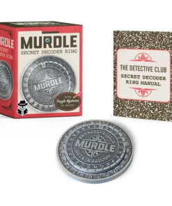 Murdle Secret Decoder Ring set featuring a 2-inch silver metal decoder ring with rotating letter wheels, an illustrated Detective Club Secret Decoder Ring Manual, and red-and-black retail packaging.