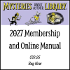 Promotional graphic for the 2027 Mysteries Await at Your Library summer reading program, featuring Laurie Conley’s illustrations of Inspector Whiskers, a mouse carrying keys, and a detective cat reading. Text reads: “2027 Membership and Online Manual. $39.95. Buy Now.”