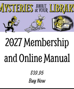 Promotional graphic for the 2027 Mysteries Await at Your Library summer reading program, featuring Laurie Conley’s illustrations of Inspector Whiskers, a mouse carrying keys, and a detective cat reading. Text reads: “2027 Membership and Online Manual. $39.95. Buy Now.”