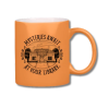 Orange ceramic mug with a white interior and matching orange handle, featuring black Laurie Conley artwork of a mysterious library surrounded by floating ghosts and decorative scrollwork, framed by the words “Mysteries Await at Your Library.”