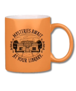 Orange ceramic mug with a white interior and matching orange handle, featuring black Laurie Conley artwork of a mysterious library surrounded by floating ghosts and decorative scrollwork, framed by the words “Mysteries Await at Your Library.”