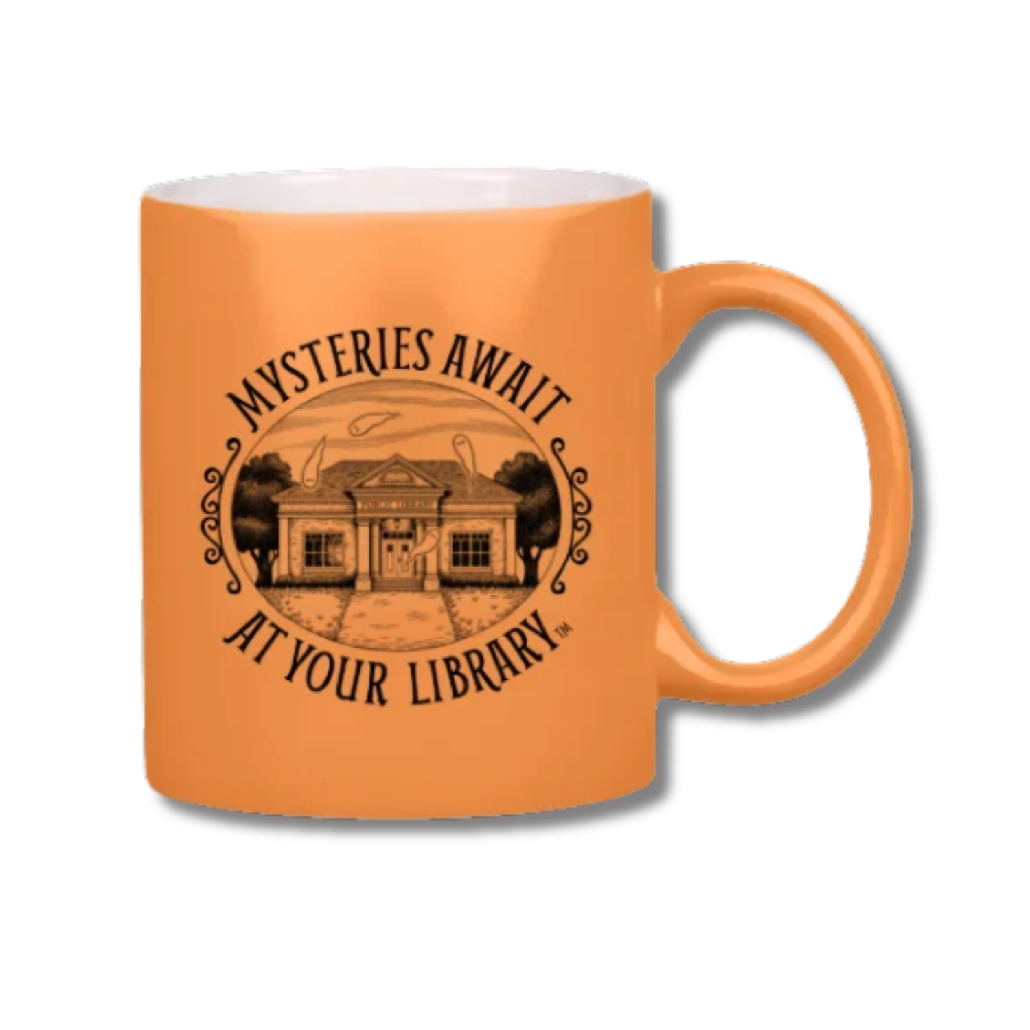 Orange ceramic mug with a white interior and matching orange handle, featuring black Laurie Conley artwork of a mysterious library surrounded by floating ghosts and decorative scrollwork, framed by the words “Mysteries Await at Your Library.”
