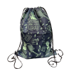 Navy blue drawstring sports bag featuring green mystery-themed illustrations, including magnifying glasses, fingerprints, footprints, keys, secret files, and the “Mysteries Await at Your Library” slogan.