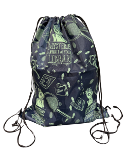 Navy blue drawstring sports bag featuring green mystery-themed illustrations, including magnifying glasses, fingerprints, footprints, keys, secret files, and the “Mysteries Await at Your Library” slogan.