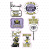 Vinyl sticker sheet featuring six die-cut designs from CSLP’s 2027 Mysteries Await at Your Library theme, illustrated in black, yellow, and purple. Designs include a hanging library sign, a haunted library with ghosts, Inspector Whiskers the detective cat, a magnifying glass with an eye, a detective mouse holding a key, and a cat with a magnifying glass. Fun phrases include “Boo-ked for the Summer,” “I’m on the Case,” “I’m Basically a Detective,” “The Librarian Did It!” and “Books Hold the Key.”