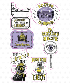 Vinyl sticker sheet featuring six die-cut designs from CSLP’s 2027 Mysteries Await at Your Library theme, illustrated in black, yellow, and purple. Designs include a hanging library sign, a haunted library with ghosts, Inspector Whiskers the detective cat, a magnifying glass with an eye, a detective mouse holding a key, and a cat with a magnifying glass. Fun phrases include “Boo-ked for the Summer,” “I’m on the Case,” “I’m Basically a Detective,” “The Librarian Did It!” and “Books Hold the Key.”